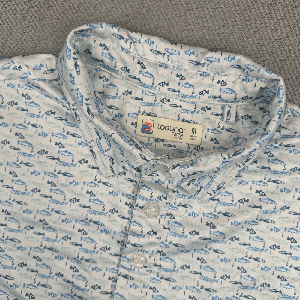 Laguna Swim Polo Shirt Mens M White Blue Fish Print AOP Performance Short Sleeve